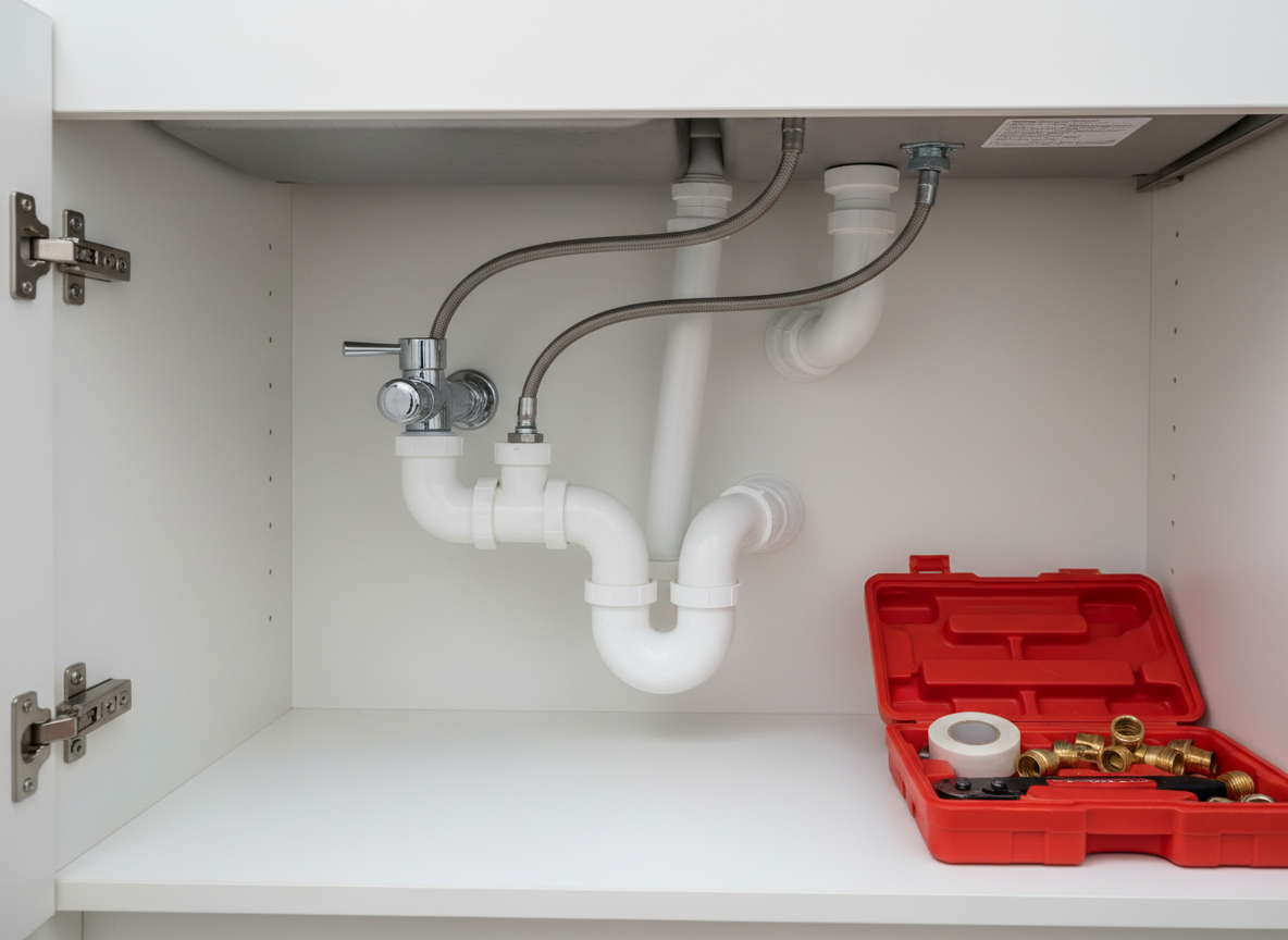 A close-up view of a complex under-sink cabinet installation, showcasing white PVC drain pipes, a P-trap, flexible braided supply lines, and a gleaming chrome shutoff valve against a clean white cabinet interior. A small, open toolbox with neatly arranged fittings, Teflon tape, and a compact pipe cutter sits to one side. Neutral, diffused lighting from a bright LED work light illuminates every detail, eliminating harsh shadows and highlighting the smooth surfaces of the pipes and fittings. Photographed from a low, slightly angled perspective inside the cabinet, the image creates an immersive view of the plumbing work. The mood is precise and professional, with a clean, modern photographic aesthetic that communicates meticulous attention to detail and reliable repair work.