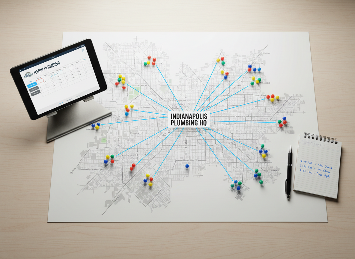 A dramatic overhead view of a detailed city map of Indianapolis printed on a clean white board, with colored pins and thin blue lines tracing routes to various residential neighborhoods, symbolizing service coverage. A metal tablet stand holds a digital tablet displaying a plumbing service scheduling interface beside the map, and a notepad with neatly written appointment times rests nearby. Soft, diffused office lighting creates an even, professional illumination with gentle shadows under the tablet and pins. The composition uses a top-down camera angle with sharp focus across the entire frame, emphasizing organization and citywide reach. Photographic realism with a clean, modern, businesslike atmosphere that conveys same-day service coordination and responsive plumbing coverage across Indianapolis.