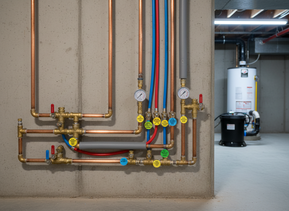 An exposed section of a residential basement plumbing system, featuring neatly installed copper and PEX piping running along a clean, unfinished concrete wall. Shutoff valves, pressure gauges, and junctions are clearly visible, all labeled with small, color-coded tags for organization. The setting is a tidy, well-lit basement in an Indianapolis home, with a water heater and sump pump subtly blurred in the background. Bright, even overhead LED lighting creates clear, shadow-free visibility on every pipe and fitting. Captured straight on at eye level with sharp focus throughout, the composition emphasizes the professionalism and quality of the installation. The mood is trustworthy and technical, rendered in photographic realism with a straightforward, informative style.