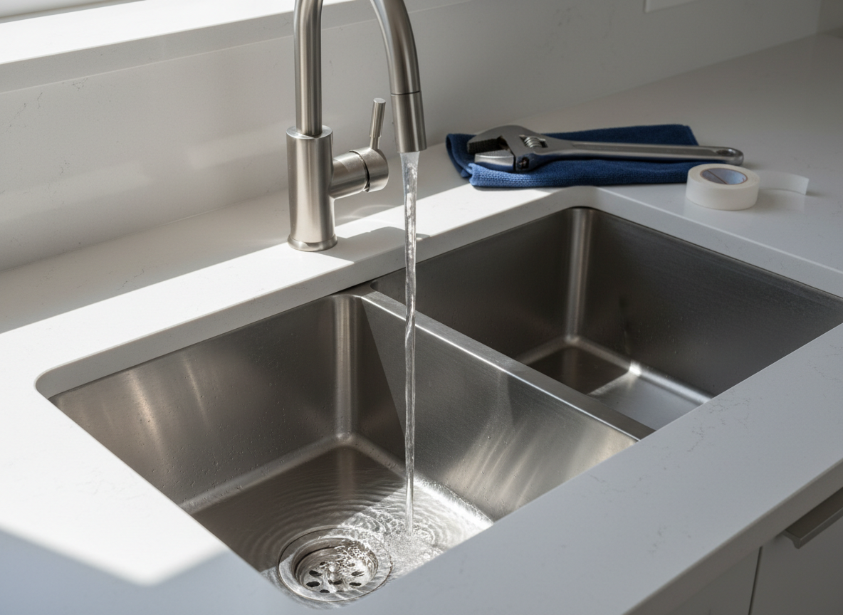 A gleaming stainless-steel kitchen sink with a modern brushed nickel faucet, water flowing in a smooth steady stream into the basin and swirling toward a clear, unobstructed drain. The countertop is a spotless light gray quartz, with a neatly folded dark blue microfiber towel and a small toolkit arranged nearby, including a pipe wrench and plumber’s tape. Natural daylight from an unseen window washes across the scene, creating soft reflections on the faucet and gentle shadows along the sink edges. Shot from a slightly elevated angle, the composition is centered on the flowing water and pristine drain, conveying a sense of cleanliness, efficiency, and professional plumbing results in a realistic, clean and modern photographic style.