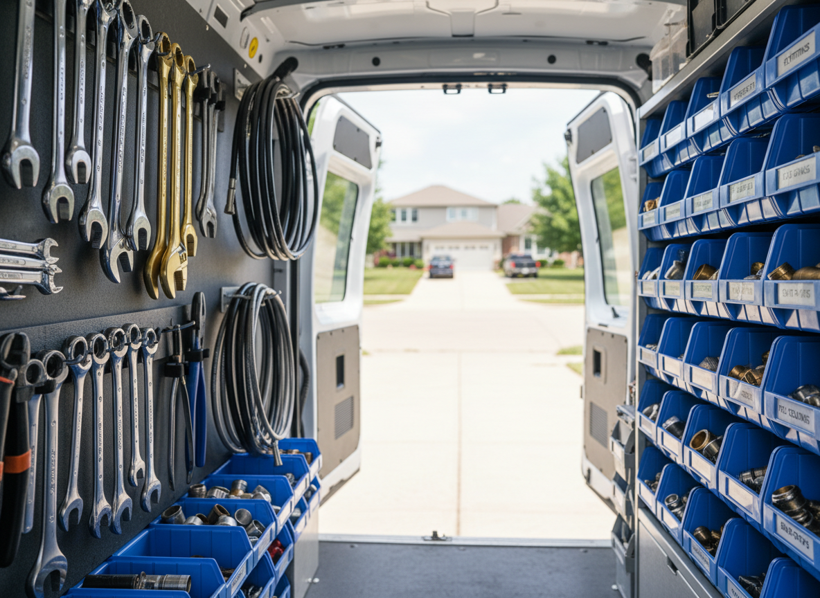 A meticulously organized plumbing service van interior with neatly arranged chrome and brass tools, flexible hoses coiled in precise loops, and labeled blue plastic bins filled with fittings and valves. The open van door reveals a clean residential Indianapolis neighborhood street blurred in the background. Soft, bright daylight enters from the open door, creating subtle highlights on the metal surfaces and gentle shadows within the shelves. Captured at eye level with a slight angle down the aisle, the composition emphasizes order, reliability, and readiness. Photographic realism with a clean, modern aesthetic, shallow depth of field, and a calm, professional atmosphere that suggests fast, reliable service ready to deploy at a moment’s notice.